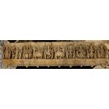 Indian wooden frieze, carved with deities and attendants holding various attributes, 69"w