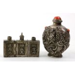 (lot of 2) Chinese snuff bottles, one composed of three rectangular vessels hinged together with