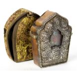 Himalayan copper alloy portable shrine (gau), the lid with repousse Buddhist treasures and a