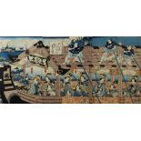 Utagawa Toyokuni III (Japanese, 1786-1865), 19th century, woodblock print triptych, depicting a