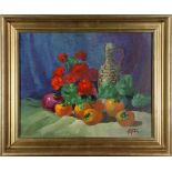 Quince Galloway (American, 1912-2003), Still Life with Persimmons and Geraniums, oil on board,