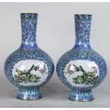 (lot of 2) Chinese Canton enameled stick neck vases, with pastel blue flowers and scrolls on the