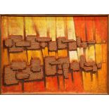 Lillian Goldberg (American, 20th century), "Orange Dominant," oil and burlap on canvas, signed lower