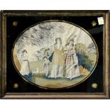 Framed 19th Century Pennsylvania Dutch silk and gouache embroidery, depicting maidens against a
