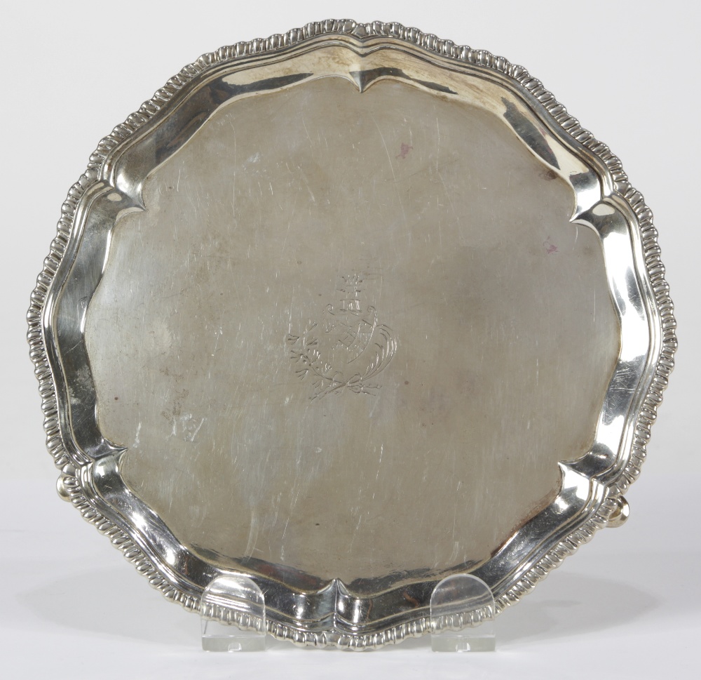 English George III sterling silver salver, London 1769, the circular form with gadrooned border,