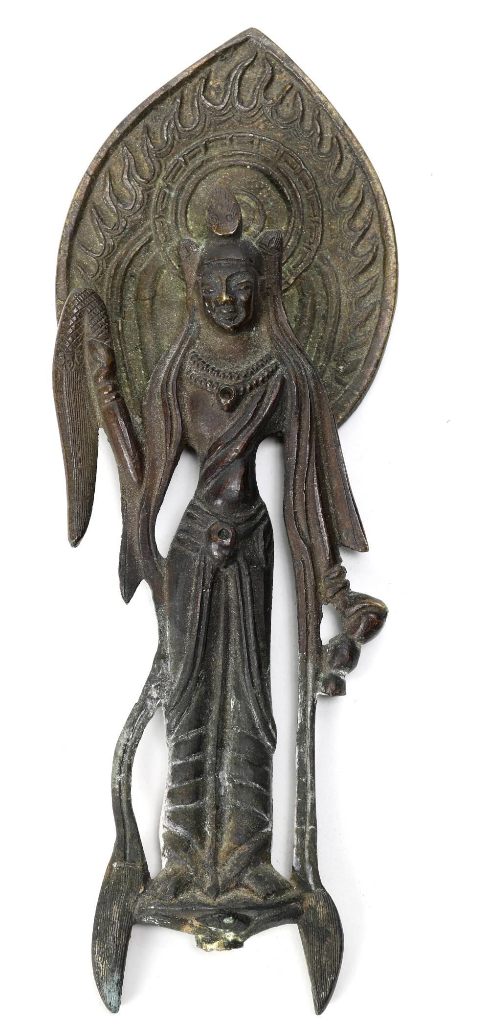 Chinese Northern Wei style bronze bodhisattva, the standing figure holding a fly whisk, and backed