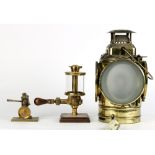 (lot of 3) Brass ship's lantern, electrified, together with two railroad model oilers, one inscribed