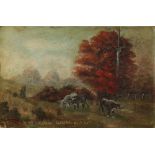 Autumn Landscape with Cattle, oil on board, unsigned, 20th century, board (unframed): 12.25"h x 18.