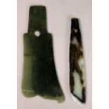 (lot of 2) Chinese hardstone/jade blades, one in the form of an ax blade with a lobed end,