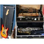 (Lot of 3) Musical instrument group, consisting of a trumpet, saxophone and guitar, each in a custom