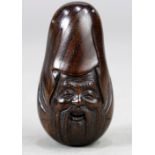 Japanese wood netsuke, in the form of a Fukurokuju head, signed Jinsen, approx. 2"l