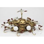 Ornate gilt metal and glass "Autumn Leaf" flush ceiling fixture, by Bodner Chandeliers, having ten