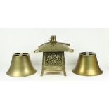 (lot of 3) Japanese brass large rectangular lantern, on four supports with openwork to the roof