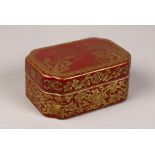 Chinese gilt decorated red porcelain box, the rectangular lid featuring a riverside landscape, the