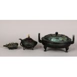 (lot of 3) Chinese alloy vessels, consisting of an archaistic bell; a peach form censer, with a