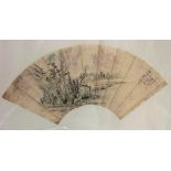 Chinese fan painting, Riverside Landscape, ink and color on paper, the right with colophon,