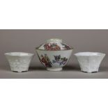 (lot of 3) Chinese enameled porcelain lidded cup with figures; together with a pair of blanc de