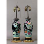 (lot of 2) Pair of Japanese enameled ceramic vases, mounted as lamps, ovoid body with phoenix and