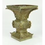 Japanese bronze vase, of Chinese archaistic square gu-form, incised with floral motifs, 13.5"h, top: