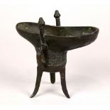 Chinese bronze archaistic jue cup, the body with a leiwen register, the bottom of the spout with