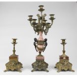 (lot of 3) Renaissance Revival brass and marble garniture group, consisting of a pair of single