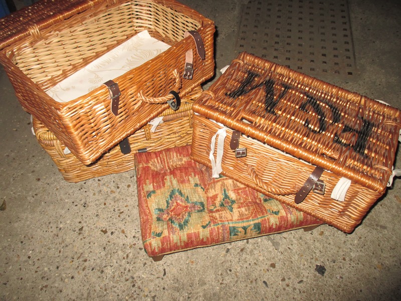 3 Wicker hamper boxes and a foot stool