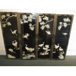 4 Japanese Shibayama black lacquered panels