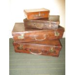 2 early 20th century leather travel cases and two small hand cases