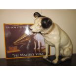 A model of Nipper the HMV dog and a sign