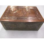 A copper and brass box, the top marked with engravers name B Wicker