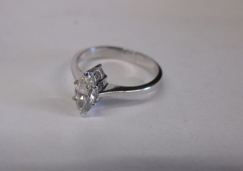 An 18ct white gold diamond solitaire ring the stone being marquise brilliant