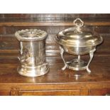 A 1930's table top food warmer with spirit burner and a tureen stand