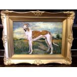 An oil on canvas of a Grey Hound, signed L/R