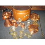 A quantity of copper, brass and pewter items to include Victorian measuring jugs