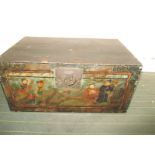An oriental painted wood storage chest