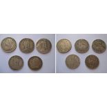 Three Victorian half crowns 1889,1890,1896 and two Florins 1887,1899