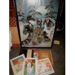 A large Japanese wood block print and associated books