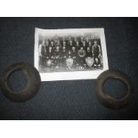 A pair of 1930's Iron Quoits with photograph of them and the Stratford East London Quoits team