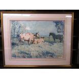 A large framed 1930’s watercolour of rambling open countryside with bovine and equine foreground,