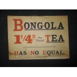 A vintage hanging card shop advertisment for Bengola Tea