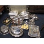A large quantity of plated tureens, a very large tray and assorted cutlery