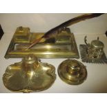 A brass standish and 3 other inkwells