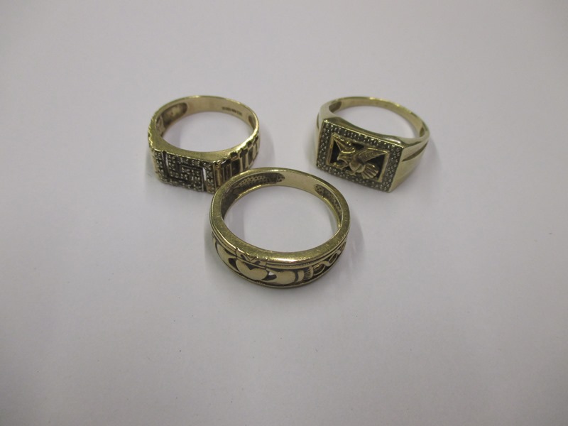 3 gents 9ct gold rings, approx weight 14.5g