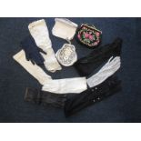 Vintage fashion items to include leather gloves, lace sleeves and bead bags