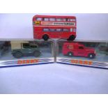 A boxed Dinky Sharps toffee van a boxed Dinky Land Rover and a play worn Corgi London Bus