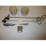 A silver vesta case 2 silver topped jars and 2 plated candle snuffers