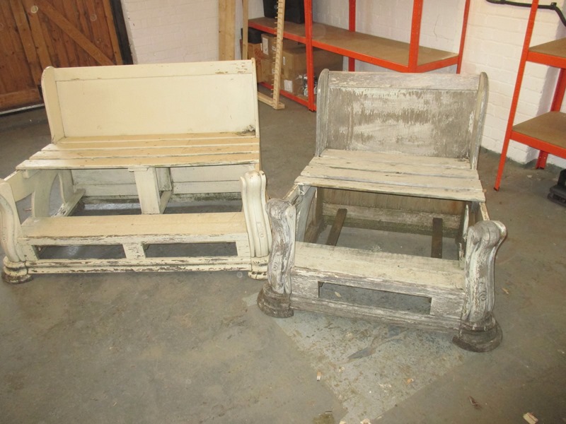 Two vintage wood garden seats