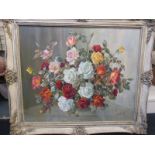 A framed oil on canvas, a still life rose bouquet , signed l/r A Nikolson dated 1969