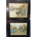 A pair of antique Liberty & Co arts and craft picture frames with Dutch scene pictures