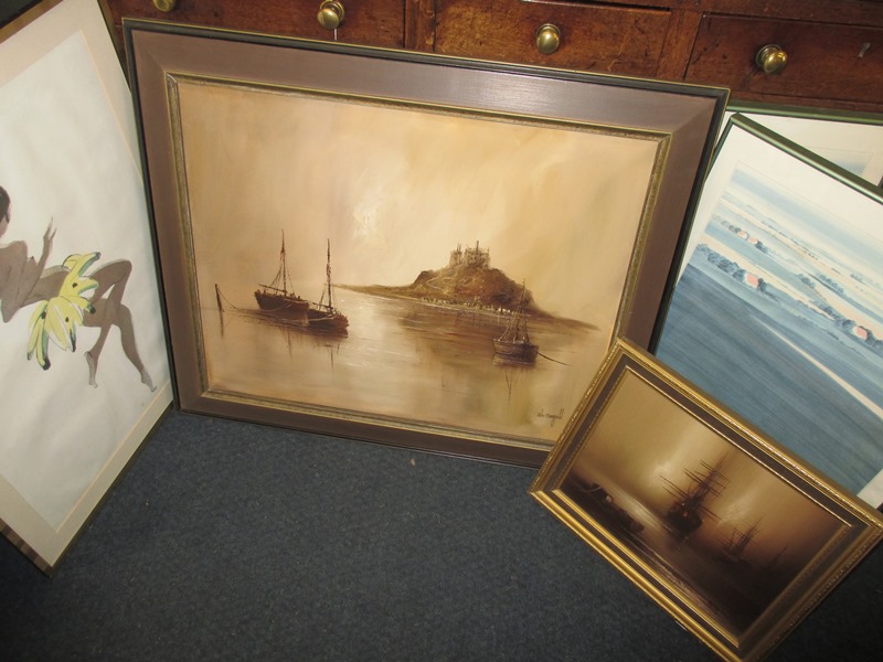 A quantity of framed pictures to include a large oil on canvas signed John Bampfield